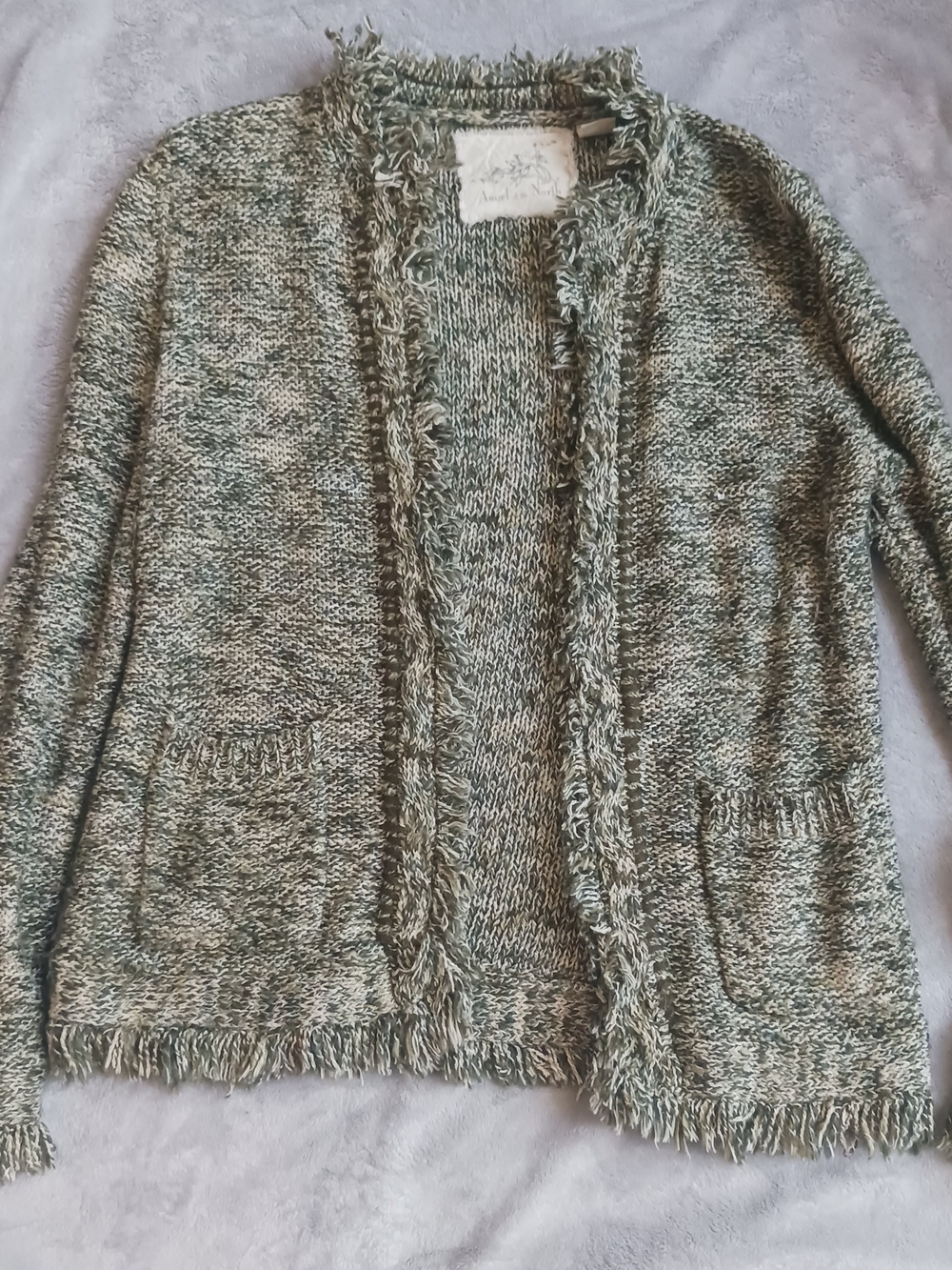 Angel Of The North Olive Marled Fringe-Trim Open Cardigan